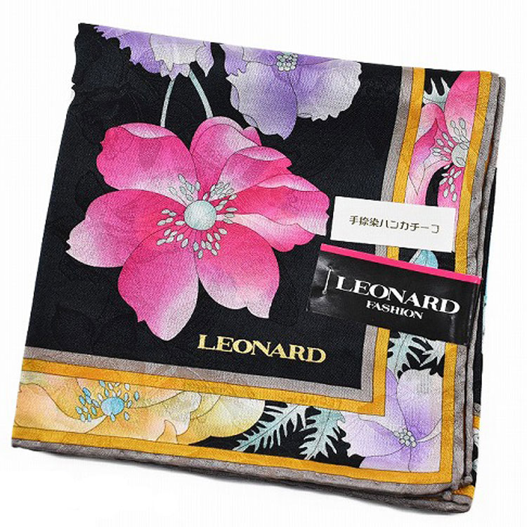 レオナール 大判 ハンカチ シルク 混 レディース 1枚 ブランド LEONARD フラワー 花 黒 ブラック ピンク 女性 婦人 プレゼント ギフト お礼の品 20代 30代 40代 50代 60代 かわいい 大人 可愛い ハンカチギフト プチギフト 母の日 ハンカチーフ