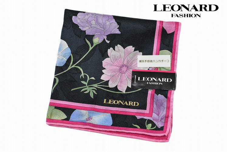 レオナール 大判 ハンカチ シルク 混 レディース 1枚 ブランド LEONARD フラワー 花 プリント 黒 ブラック ピンク 女性 婦人 プレゼント ギフト お礼の品 20代 30代 40代 50代 60代 かわいい 大人 可愛い ハンカチギフト プチギフト 母の日 ハンカチーフ