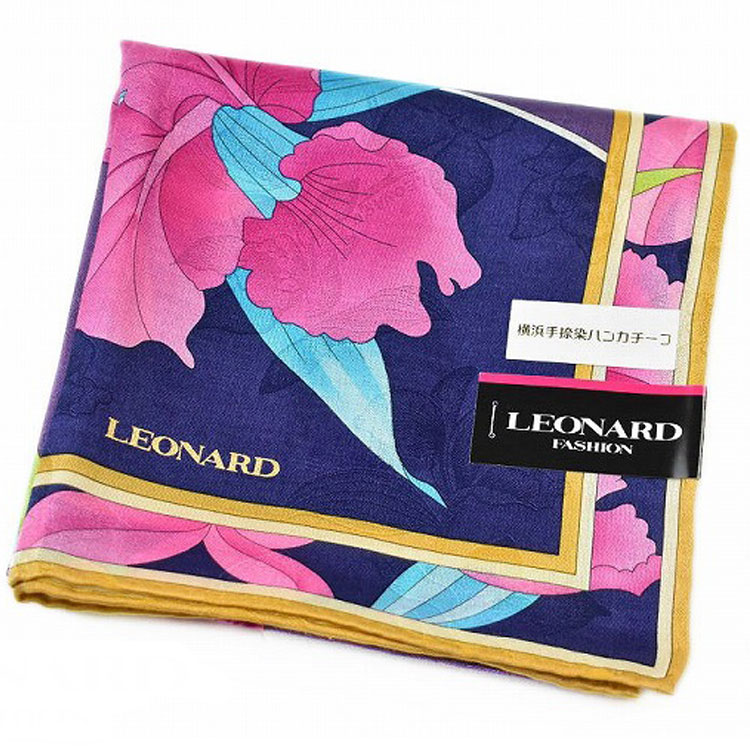 レオナール 大判 ハンカチ シルク 混 レディース 1枚 ブランド LEONARD フラワー 花 紺 ネイビー パープル ピンク 女性 婦人 プレゼント ギフト お礼の品 20代 30代 40代 50代 60代 かわいい 大人 可愛い ハンカチギフト プチギフト 母の日 ハンカチーフ