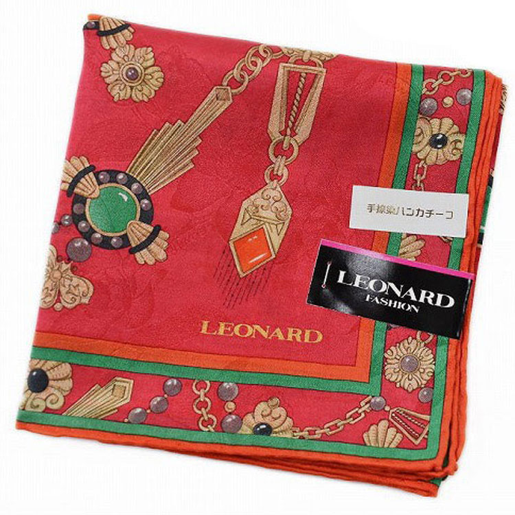 レオナール 大判 ハンカチ レディース 1枚 ブランド LEONARD シルク 混 レッド アクセサリー チェーン ..