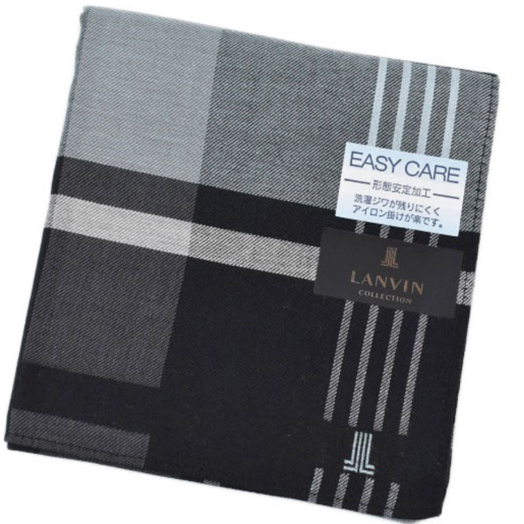 ランバン コレクション ハンカチ 1枚 メンズ 綿 ブランド ハイブランド LANVIN COLLECTION 黒 ブラック × グレー チェック ロゴ 刺繍 男性 紳士 父の日 実用的 20代 30代 40代 50代 60代 70代 プレゼント ギフト おしゃれ ポイント消化