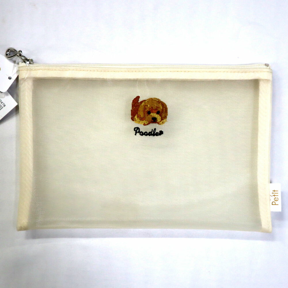 日本製 アーンジョー Enjeau 刺繍 メッシュ フラットポーチ プードル ベージュ 258-74-48 BG EjPetit ポーチ 犬 いぬ イヌ 犬柄 2