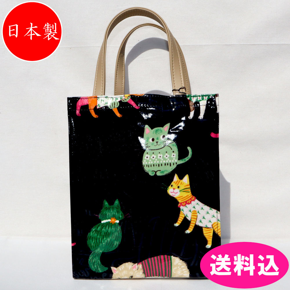 日本製 PAN CREATION パン・クリエーション パンクリ トートバッグ ランチバッグ サブバッグ お散歩バッグ PVC加工 猫 ねこ ネコ ＜ブラックA＞