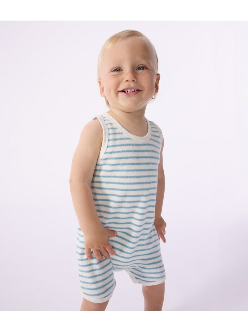 乐天商城 - パイルボーダーショートロンパース PETIT BATEAU プチバトー マタニティウェア・ベビー用品 ロンパース・カバーオール ホワイト【送料無料】[Rakuten Fashion]