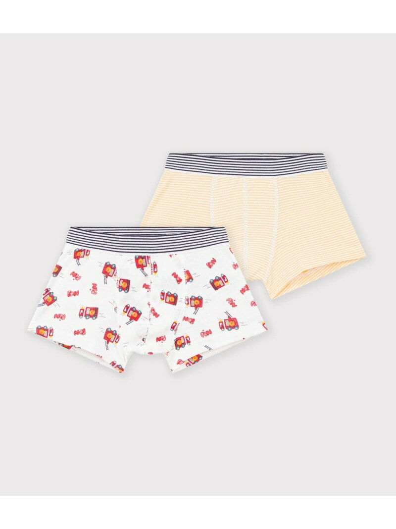 【予約商品について】 ※「先行予約販売中」「予約販売中」をご注文の際は予約商品についてをご確認ください。■重要なお知らせ※ 当店では、ギフト配送サービス及びラッピングサービスを行っておりません。ラッピング・ギフト配送について同時に複数の商品を注文された場合メーカー希望小売価格について置き配についてご利用ガイドPETIT BATEAU（プチバトー）プリントトランクス2枚組はたらく消防車プリントとブランドを象徴する極細ミラレボーダーを組み合わせた、トランクス2枚セットです。アイコニックなミラレボーダーのウエストゴムが、デザインのアクセントに。毎日心地よく身につけられるデイリーアイテムとしておすすめです。揃いのタンクトップセットと合わせたギフトとしても喜ばれます。ウエスト部分は平ゴム仕様。※1.プリントは永久的なものではなく、もみや摩擦でひび割れたり、繰り返しの洗濯によるプリントの変色や、脱落が生じる場合があります。中性洗剤などで単独洗いをしてください。型番：A0GQXA-00-050 SP0477【採寸】サイズ着丈ウエスト3才 95cm16.2cm20cm4才 104cm16.7cm20.5cm5才 110cm17.2cm21.5cm商品のサイズについて【商品詳細】モロッコ素材：100%綿サイズ：3才 95cm、4才 104cm、5才 110cm※画面上と実物では多少色具合が異なって見える場合もございます。ご了承ください。商品のカラーについて