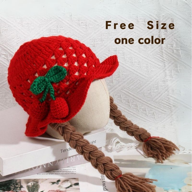 三つ編みおさげ さくらんぼニット帽 赤ちゃん 女の子 ヘアバンド 髪飾り バンダナ 韓国子供服 ハーフバースデー ベビー用品 帽子