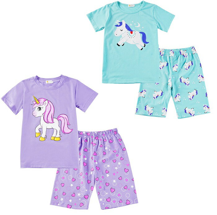子ども　女の子　キッズ　ユニコーン　プリント　パジャマ上下　セットアップ　ルームウェア　部屋着　メール便送料無料　カジュアル　パープル　夏　水色　紫色のサムネイル