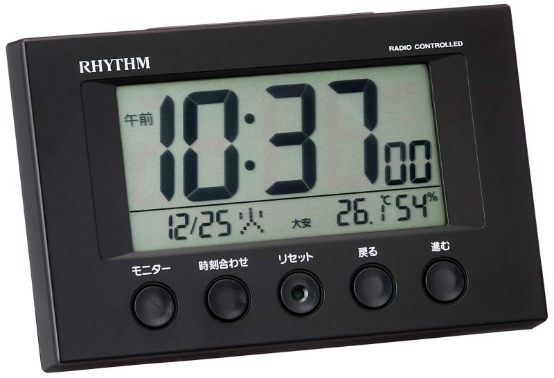 リズム(RHYTHM) 目覚まし時計 電波時計 温度計・湿度計付き フィットウェーブスマート 黒 7.7×12×5.4cm..