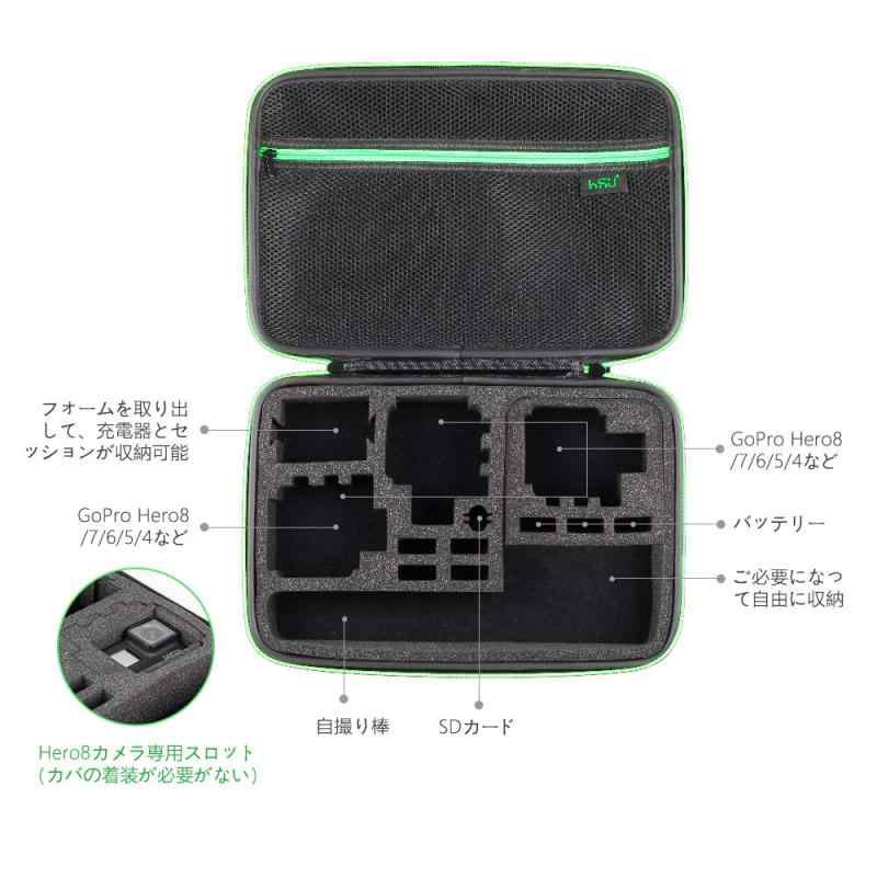 HSU gopro収納ケース GoPro Hero13/12/11/10/9/8/7/6/5対応 及び他のアクションカメラ 収納バッグ アクセサリー収納 防塵 防水 アクションカメラに対応 （大 グリーン