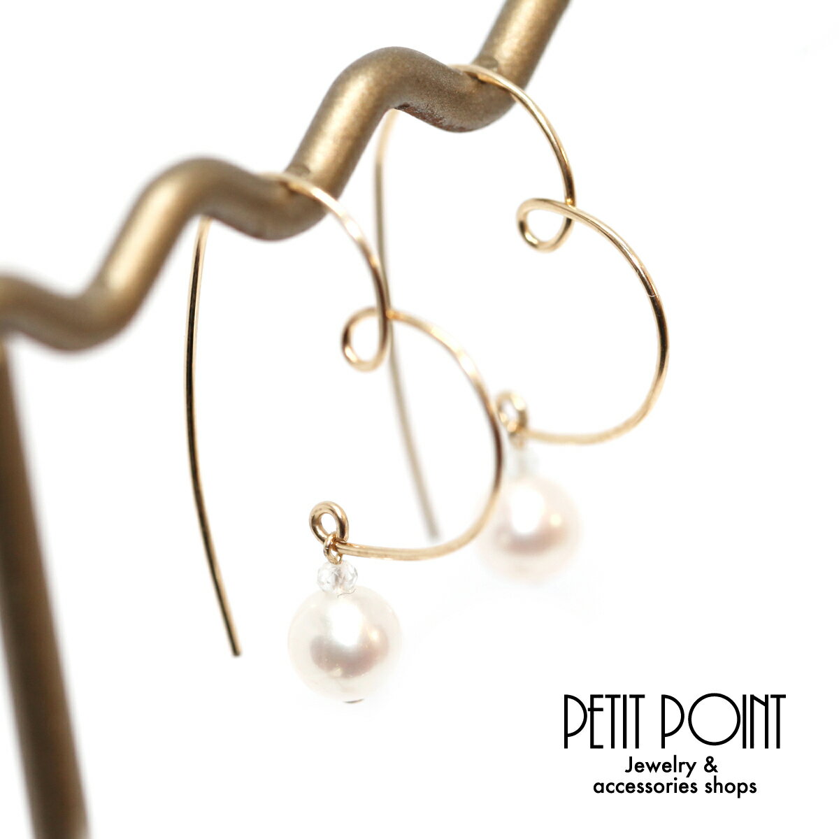 淡水パール＆ホワイトトパーズのチャームが揺れるK14GFハートピアス★ K14ゴールドフィルド (1個＝1ペア)【PE-K14GF-6676】