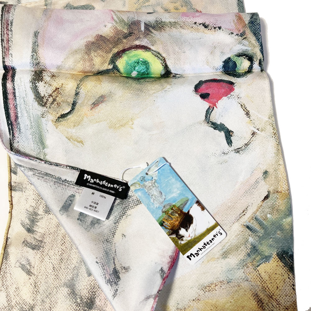 マンハッタナーズ シルクスカーフ ミケちゃんとドン・キホーテ Manhattaner's 53×53cm ギフト ネコ ねこ プリント