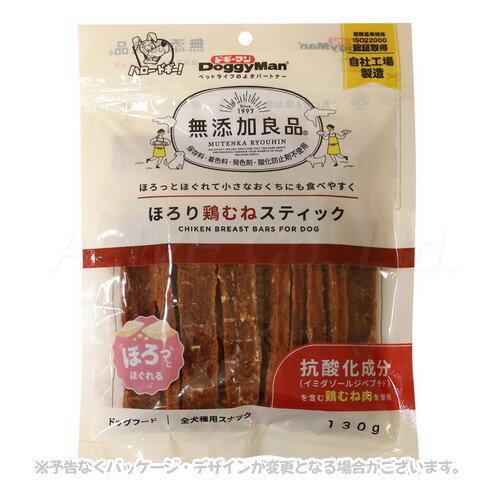 鶏むね肉がほろほろとおくちの中でやさしくほぐれるスティック 商品の特長 抗酸化成分(イミダゾールジペプチド)を含む鶏むね肉を使った、ほろほろ食感のおやつです。 噛むと簡単にほぐれるので、おくちの小さい超小型、小型犬や、噛む力が弱いシニア犬も食べやすい仕上がりです。 内容量 130g 原材料 鶏むね肉、えんどう豆たん白、大豆たん白、チキンエキス、パン粉、小麦粉、コーンスターチ、ソルビトール、グリセリン、ミネラル類(カルシウム、ナトリウム)、調味料 成分 粗たん白質40.0％以上、粗脂肪3.0％以上、粗繊維1.5％以下、粗灰分8.0％以下、水分17.0％以下 代謝カロリー 360kcal/100g 製造・生産国 中国