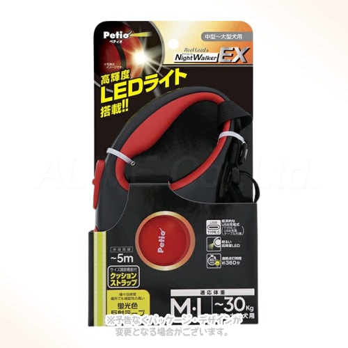 充電式LEDライト搭載で夜のお散歩も安全安心な伸縮リード！ 商品の特長 充電式の高輝度LEDライトを搭載し暗い夜道や薄暗い時間帯のお散歩も安心です。 視認性の高い反射材入り蛍光テープを採用し夜間での視認性を高めます。 指1本でブレーキとロックの操作が簡単にできワンちゃんの急な飛び出しを防ぎます。 スムーズで静音な引き出し構造により快適にリードの伸縮が行えます。 本体やテープの破断を防ぐラバークッション付きで安全性を向上しています。 うんちの処理時などに手が自由に使える便利で安全なストラップが付いています。 サイズ ML 幅190mm×奥行45mm×高さ115mm、コード長さ：?5m、適応体重：?30kg 材質・原材料 本体：ABS樹脂・エラストマー樹脂・ポリカーボネート / グリップ：エラストマー樹脂 / テープ：ポリエステル / スナップ：亜鉛合金 / ストラップ：ポリエステル・ナイロン 製造・生産国 中国 注意事項 犬以外には使用しないでください。 事故防止のため適応サイズや適応体重以外の犬には使用しないでください。 一定の場所にとどめておくためのケイ留には使用しないでください。 発火や異常動作によるケガを防ぐため絶対に分解や修理や改造をしないでください。 光をのぞき込んだり目に当てたりしないでください。 ブレーキをする際はボタンをしっかりと押してください。 リードの伸縮の際はねじれに注意してください。 掲載画像はイメージです。画面環境により実物と色味が異なる場合があります。また、商品のデザインや仕様は、予告なく変更・リニューアルされる場合がございます。ご理解ご了承の上ご注文下さいませ。 備考 対象ペット種：中型犬?大型犬。 適合体重：?30kg。 伸縮距離：?5m。 連続点灯時間：約300分。 充電式高輝度LEDライト搭載。