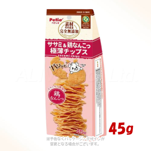 無添加で安心！鶏ササミと緑黄色野菜の極薄チップス。 商品の特長 食品添加物を一切使用せず鶏ササミと緑黄色野菜（にんじん・ほうれん草）のみを使用しています。 パリッとした食感でそのままでも割っても与えやすい極薄仕上げです。 穀物不使用（グレインフリー）のため穀物アレルギーのワンちゃんにも安心です。 良質なたん白質と緑黄色野菜の栄養を手軽に補給できます。 農林水産省認定の鳥加熱処理工場にて製造されています。 生後6ヶ月以上の全犬種に与えられるおいしい間食おやつです。 内容量 45g 材質・原材料 鶏ササミ、にんじん、ほうれん草 成分 粗たん白質 72%以上、脂質：2%以上、粗繊維 0.5%以下、灰分 5.5%以下、水分 12%以下 代謝カロリー 367kcal/100g 製造・生産国 中国 注意事項 本商品は犬用で間食用です。主食として与えないでください。 生後6ヶ月未満の幼犬には与えないでください。 愛犬の食べ方や習性によっては、のどに詰まらせることがありますので必ず観察しながらお与えください。 本品は水分を吸収しやすい性質を持っているため開封後は必ず封をして冷暗所で保存し、なるべく早くお与えください。 本品は天然素材を使用しておりますので、色やにおい・硬さなどに多少のバラツキがありますが品質には問題ありません。 掲載画像はイメージです。画面環境により実物と色味が異なる場合があります。また、商品のデザインや仕様は、予告なく変更・リニューアルされる場合がございます。ご理解ご了承の上ご注文下さいませ。 備考 給与量を目安に愛犬の健康状態、年齢、運動量を考慮して1日1?2回に分けてお与えください。