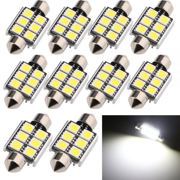 LEDルームランプ ナンバー灯 フェストン球 5050SMD×6連T10×36mm 37mmS8.5 白色 10個セット 送料無料