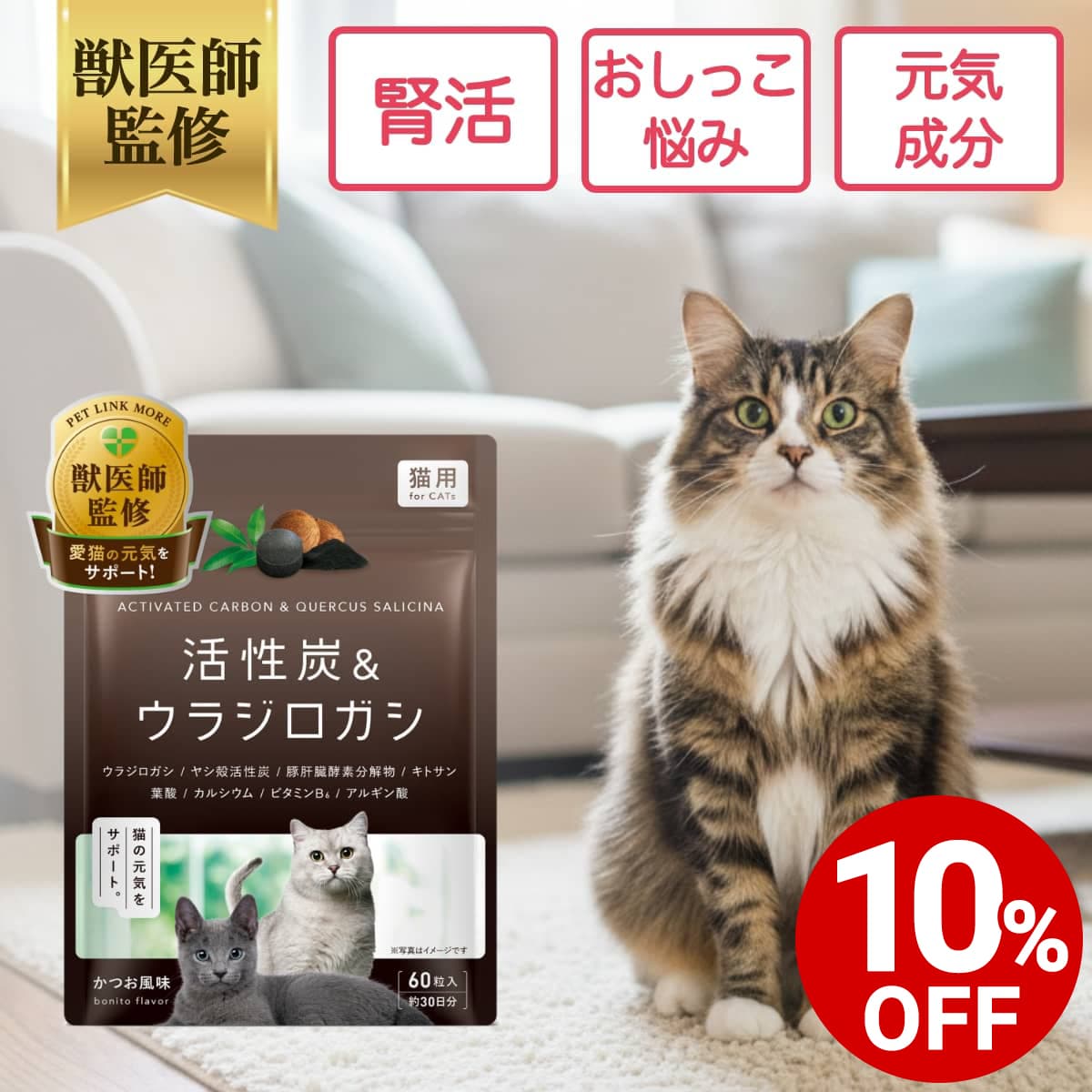 【ポイント5倍+10%OFF】【公式】獣医師監修 猫用 腎活 サプリ 錠剤 60粒 活性炭 ウラジロガシ 猫 腎臓 ペットリンクモア シニア 健康 維持 高齢 ...