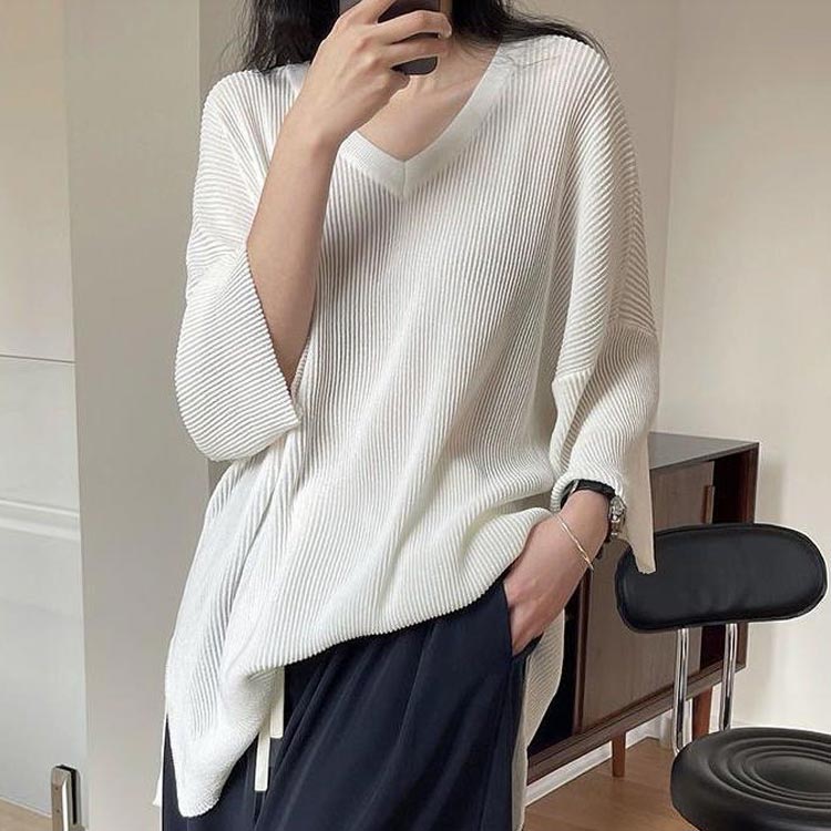 サマーニット チュニック Tシャツ 七分袖 ゆったり 冷感 ニットトップス 薄手 VネックTシャツ M リブニット Tシャツ ロンT