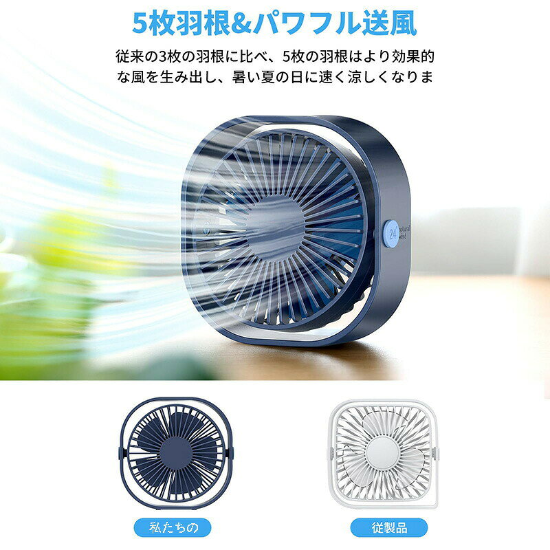 【風量3段階調整＆360度角度調整】：スイッチ1つで風量は微風から強風まで3段階調整ができ、パワフルな風と優しい風を気温に合わせて調節できます。また、360度調整が可能で、全方位の角度から気持ち良い涼しい風が吹きます。涼しい夏のそよ風をお楽しみます。【超軽量で持ち運びミニ扇風機】ファンのサイズは、12.8×12.9×5.2cmに, 重さが約150gでとっても軽量で持ち運びに便利。職場で使用した後、気軽にカバンに入れ、お宅や車にも使用できる。ご家庭、車、オフィス、デスクトップ、キャンプ、旅行での使用に最適。【携帯用扇風機でパワフル送風】卓上扇風機には5枚の羽根を採用しています。5枚の羽根がしっかりと空気を押し出し、自然でありながらリズムな風を実現しました。シンプルなスクエア外見と省スペースボディ設計でデスク周りがすっきり片付けく、飾りになります。扇風機 卓上には目立たず置きやすいコンパクトサイズとなっております。【高い互換性のUSB電源】:SmartDevil USBファンはUSBで駆動し、PC/ノートパソコン、パワーバンク、ACアダプター、車載充電器、その他のUSB対応電源に対応しています。USBファンは省エネで環境に優しい製品です。 (注意: このファンには電池は付属しません)。【耐久性抜群＆清潔便利＆安心保証】USB扇風機本体には優れたABS樹脂を採用しているので、衝撃、高温に強く、耐久性が抜群です。低発熱で、防護カバーの隙間が狭い安全設計。指を挟む心配がありません。ディスプレイの色によっては実際の色と異なる場合があります