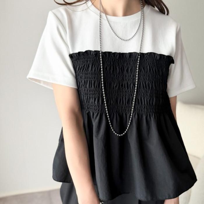 樂天商城 - ブラウス レディース 夏服 半袖 Tシャツ プルオーバー 切り替え 丸首 無地 バイカラー 大人きれいめ ギャザー 通勤 30代40代50代 オフィスカジュアル フレアt