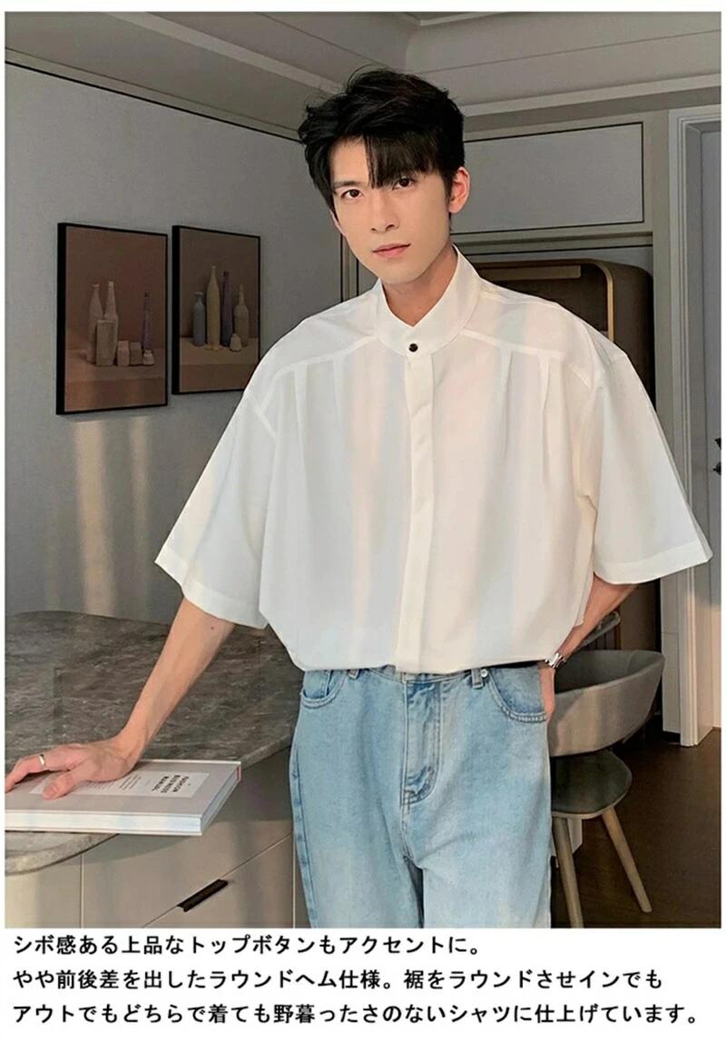 オーバーサイズ バンドカラー シャツ メンズ 半袖 夏服 オシャレ スタンドカラー シャツジャケット 5分袖 カジュアルしゃつ 上品 ドレープ トップス ビッグシルエット 上着 かっこいい服 通学 通勤 冷房対策 petmarvel-10018919 ときどき雑貨 サンプル画像3