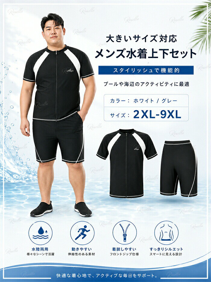 ときどき雑貨の水着 パパ 水着 メンズ 大きいサイズ 水着 6l メンズ 上下セット パパ水着 セットアップ パパ 半袖 ラッシュガード ハーフパンツ ブラック スポーツ水着 ジム スポーツジム プール 海 ブルー 大きいサイズ 3L 4L 5L 6L 7L 8L｜アングル2