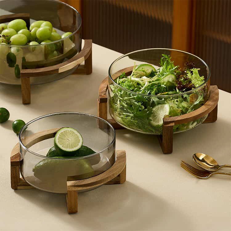 透明 スタンド付 ガラスボウル 竹製 中鉢 大鉢 木製 フルーツボウル カフェ風 おう...