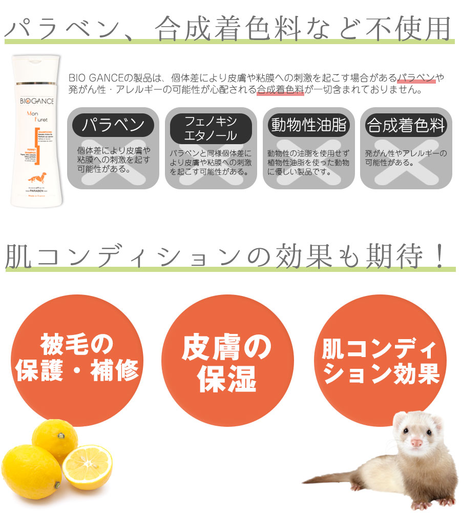 フェレットワールド 楽天市場店のBIO GANCE フェレットシャンプー 【ノンシリコン】　フェレット シャンプー お風呂 シリコンフリー ノンシリコン 弱酸性 低刺激 消臭 毛並み 乾燥 ボディケア 保湿 天然成分 バイオガンス｜アングル2