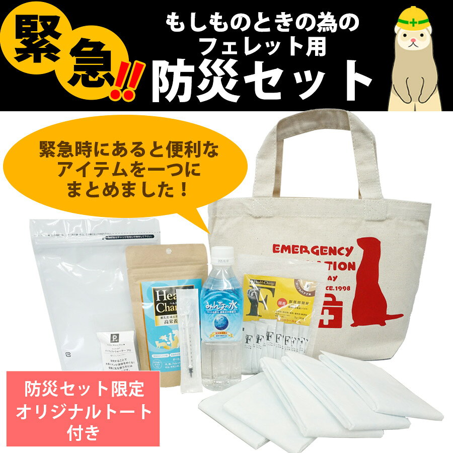 【セット商品】フェレット防災セット トート付き【フェレットワールドオリジナル】【お買い得】フェレット 緊急 防災 震災 お出かけ フード 栄養剤 水 飲料水 トートバッグ みんなの水 ヘルスチャージF ヘルスチャージS シリンジ ウォータープロ トイレシーツ グッズ petpet-10005794 フェレットワールド 楽天市場店 サンプル画像2