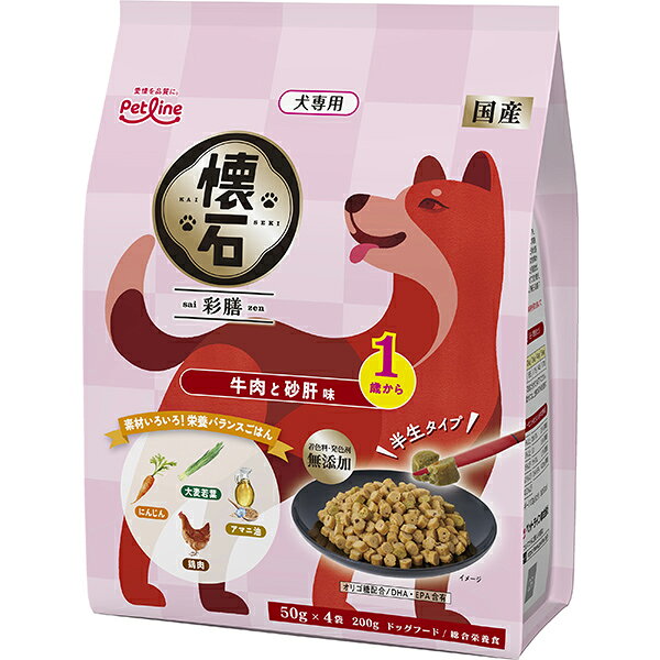 牛肉トッピングと砂肝トッピングがそれぞれ練りこまれた「牛肉粒」と「砂肝粒」。オリゴ糖が腸内フローラを整え、健康を維持することにより免疫力を保つ。 ＜総合栄養食＞ 【 原材料 】 穀類（小麦粉、小麦グルテン）、肉類（鶏肉、鶏ささみ、牛肉、砂肝）、豆類（脱脂大豆）、糖類（砂糖、オリゴ糖）、油脂類（動物性油脂、フィッシュオイル：DHA・EPA源、アマニ油）、ビール酵母、野菜類（にんじんパウダー、大麦若葉パウダー）、プロピレングリコール、グリセリン、リン酸塩（Na）、セレン酵母、ビタミン類（A、D3、E、B1、B2、パントテン酸、ナイアシン、B6、葉酸、B12、コリン、イノシトール）、ミネラル類（カルシウム、リン、ナトリウム、塩素、鉄、銅、亜鉛、ヨウ素）、保存料（ソルビン酸カリウム）、酸化防止剤（ビタミンC） 【 保証分析値 】 たんぱく質：16.0％以上、脂質：6.5％以上、粗繊維：3.5％以下、灰分：6.5％以下、水分：40.0％以下 【 代謝エネルギー 】 約250kcal/100g 【 原産国 】 日本 【 メーカー名 】 ペットライン 【 JANコード 】 4902418005270