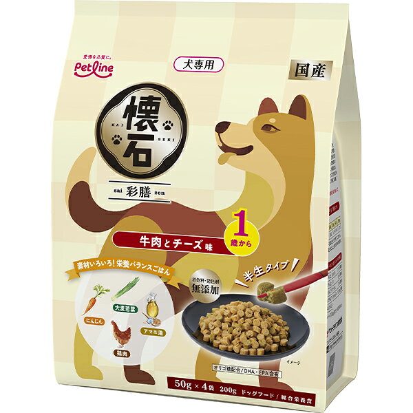 牛肉トッピングが練りこまれた「牛肉粒」と風味豊かな「チーズ味粒」。オリゴ糖が腸内フローラを整え、健康を維持することにより免疫力を保つ。 ＜総合栄養食＞ 【 原材料 】 穀類（小麦粉、小麦グルテン）、肉類（鶏肉、鶏ささみ、牛肉）、豆類（脱脂大豆）、糖類（砂糖、オリゴ糖）、油脂類（動物性油脂、フィッシュオイル：DHA・EPA源、アマニ油）、乳類（チーズ風味ペースト）、ビール酵母、野菜類（にんじんパウダー、大麦若葉パウダー）、プロピレングリコール、グリセリン、リン酸塩（Na）、セレン酵母、ビタミン類（A、D3、E、B1、B2、パントテン酸、ナイアシン、B6、葉酸、B12、コリン、イノシトール）、ミネラル類（カルシウム、リン、ナトリウム、塩素、鉄、銅、亜鉛、ヨウ素）、保存料（ソルビン酸カリウム）、酸化防止剤（ビタミンC） 【 保証分析値 】 たんぱく質：16.5％以上、脂質：6.0％以上、粗繊維：3.5％以下、灰分：6.5％以下、水分：40.0％以下 【 代謝エネルギー 】 約250kcal/100g 【 原産国 】 日本 【 メーカー名 】 ペットライン 【 JANコード 】 4902418005287