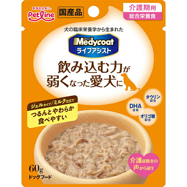老齢期や手術後などの愛犬の健康維持と、使いやすさに配慮した介護期専用ウェットフード。柔らかいジェルタイプのミルク仕立て。のど通りが良い特殊なゼリーで、ドライフードと絡めれば、粒の表面をやさしくコーティングして食事を食べやすくサポート。・飲み込む力が弱くなってきた愛犬に。・のど通りが良いジェルタイプ。・タウリン、オリゴ糖配合、DHA含有。・そのままでも、ドライフードと混ぜても与えられます。＜総合栄養食＞ 【 原材料 】 まぐろ、鶏ささみ、植物油、ぶどう糖、かつお節、クリーム（原材料の一部に乳成分を含む）、フィッシュコラーゲン、魚油：DHA源、オリゴ糖、野菜粉末、ビタミン類（A、D3、E、K3、B1、B2、パントテン酸、ナイアシン、B6、葉酸、ビオチン、B12、コリン）、ミネラル類（カルシウム、リン、ナトリウム、カリウム、塩素、鉄、銅、マンガン、亜鉛、ヨウ素）、タウリン、増粘多糖類 【 保証分析値 】 たんぱく質：5.0％以上、脂質：4.0％以上、粗繊維：0.5％以下、灰分：4.0％以下、水分：85.0％以下 【 代謝エネルギー 】 約80kcal/袋 【 原産国 】 日本 【 製造日からの賞味期限 】 24ヶ月 【 メーカー名 】 ペットライン 【 JANコード 】 4902418831244