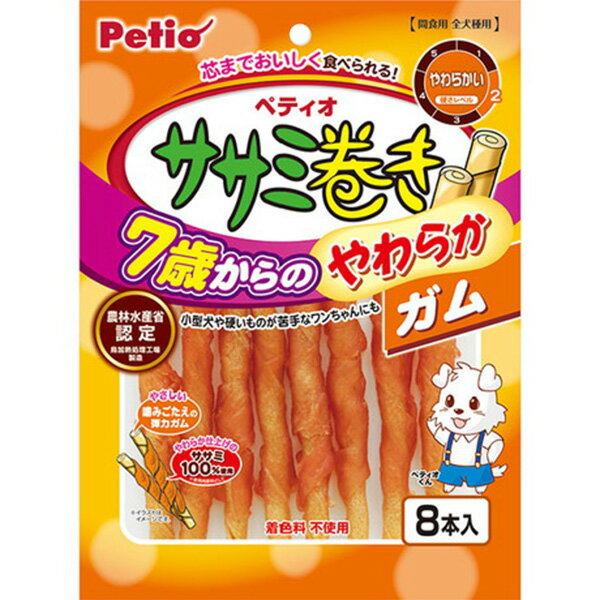 低脂肪・良質たん白質豊富なササミをやわらかく仕上げて、芯までおいしく食べられるやわらか弾力ガムに巻きました。シニア犬や小型犬、硬いものが苦手なワンちゃんにもオススメ！着色料不使用。 【 原材料 】 鶏ササミ、でんぷん類、大豆たん白、植物性油脂、食塩、グリセリン、ソルビトール、炭酸Ca、保存料（ソルビン酸K）、香料、酸化防止剤（亜硫酸Na） 【 保証分析値 】 たん白質：22.0％以上、脂質：1.5％以上、粗繊維：1.0％以下、灰分：4.0％以下、水分：25.0％以下 【 代謝エネルギー 】 325kcal/100g 【 原産国 】 中国 【 メーカー名 】 ペティオ 【 JANコード 】 4903588138577