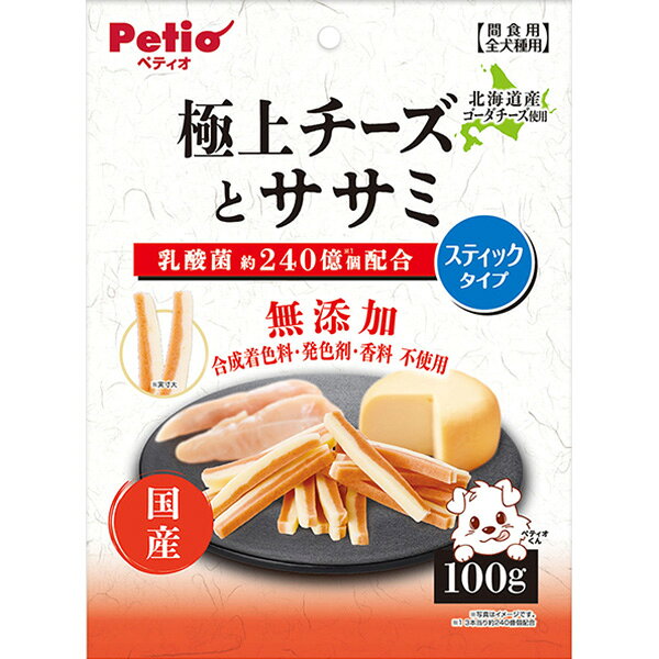 北海道産ゴーダチーズ入りのコクのあるチーズ層と旨味あふれるササミ層で2つの味わいが楽しめます。ちぎって与えやすいスティックタイプ。 【 原材料 】 肉類（鶏・鶏ササミ）、卵類、チーズ、小麦粉、パン粉、乳製品、食塩、チーズ加工品、酵母エキス、難消化性デキストリン（水溶性食物繊維）、オリゴ糖、乳酸菌（KH-2株（熱処理済））、加工でんぷん、グリセリン、プロピレングリコール、炭酸Ca、pH調整剤、カゼインNa、リン酸塩（Na）、着色料（ベニコウジ色素） 【 保証分析値 】 たん白質：11.0％以上、脂質：6.5％以上、粗繊維：1.0％以下、灰分：6.0％以下、水分：33.0％以下 【 代謝エネルギー 】 307kcal/100g 【 原産国 】 日本 【 メーカー名 】 ペティオ 【 JANコード 】 4903588147494