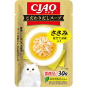 風味豊かな焼津産かつお節だしを使用し、とろりとしたスープで仕上げました。食べきりやすい小容量タイプ。 【 原材料 】 鶏肉（ささみ）、ほたて貝柱、かつお節だし、かつお節エキス、ほたてエキス、糖類（オリゴ糖等）、植物性油脂、増粘安定剤（増粘多糖類、加工でん粉）、ミネラル類（Na、P、Cl）、調味料（アミノ酸）、ビタミンE、カラメル色素、カロテノイド色素、緑茶エキス 【 保証分析値 】 たんぱく質：4.0％以上、脂質：0.2％以上、粗繊維：0.1％以下、灰分：1.8％以下、水分：93.5％以下 【 原産国 】 日本 【 製造日からの賞味期限 】 2年 【 メーカー名 】 いなばペットフード 【 JANコード 】 4901133604508 @inb_one_ciao_pouch