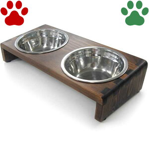 ペット用　食器＆食器スタンド セット　ダブル　Sサイズ　ブラウン超小型犬　猫　フードボウル　ボウル　食器台　フード入れ　水入れ　水飲み　皿　ステンレス製　木製　ペット食卓ラック　シンプル　おしゃれ　かわいい　無地　茶色　2個タイプ