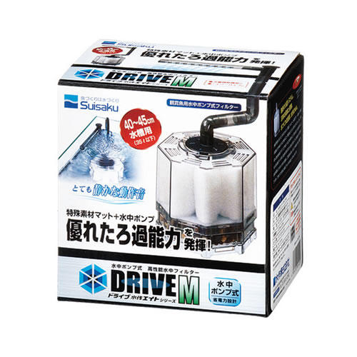 適合機種40～45cm以下水槽用（35L以下）仕様循環ポンプ:電気ポンプ(屋内用)使用電源:AC100V 50/60Hz共通消費電力:2.2W/2.0W(50/60Hz)吐出量:3.0/3.6(L/分) (50Hz/60Hz)コード長:約1.5mご注意本品はアクアリウム用品です。目的以外の用途には使用しないでください。・水作エイトの優れたろ過能力はそのままに高性能水中ポンプを組み込み、静音性を実現しました。・CO2を逃がさない為、水草水槽にも使用可能です。・大きなゴミを取り除く「物理ろ過」と、微生物が水の汚れを分解する「生物ろ過」のダブルろ過できれいな水をつくります。・独自の技術により他方向から水を吸い込み、魚や微生物に効率よく酸素を供給します。・自在パイプ・伸縮パイプ・流量調節つまみ・シャワーパイプにより水の流れをコントロールできます。