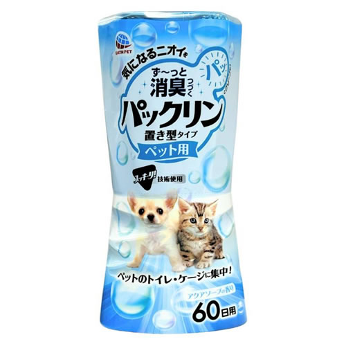 重量/容量400mL成分香料(天然精油配合)、非イオン界面活性剤、植物抽出物(植物系消臭剤)、イオン系消臭剤、強力デオドライズパウダー(無機系消臭剤)原産国日本・3種の消臭成分配合で、ペットのイヤなニオイをしっかり消臭・ペットがイヤがらない香料配合・驚きの「スッキーリ！消臭芳香技術」使用。「ボトルが上」で上から下に液が落ちるから、最後の1滴まで香りがしっかり続いてずーっと消臭