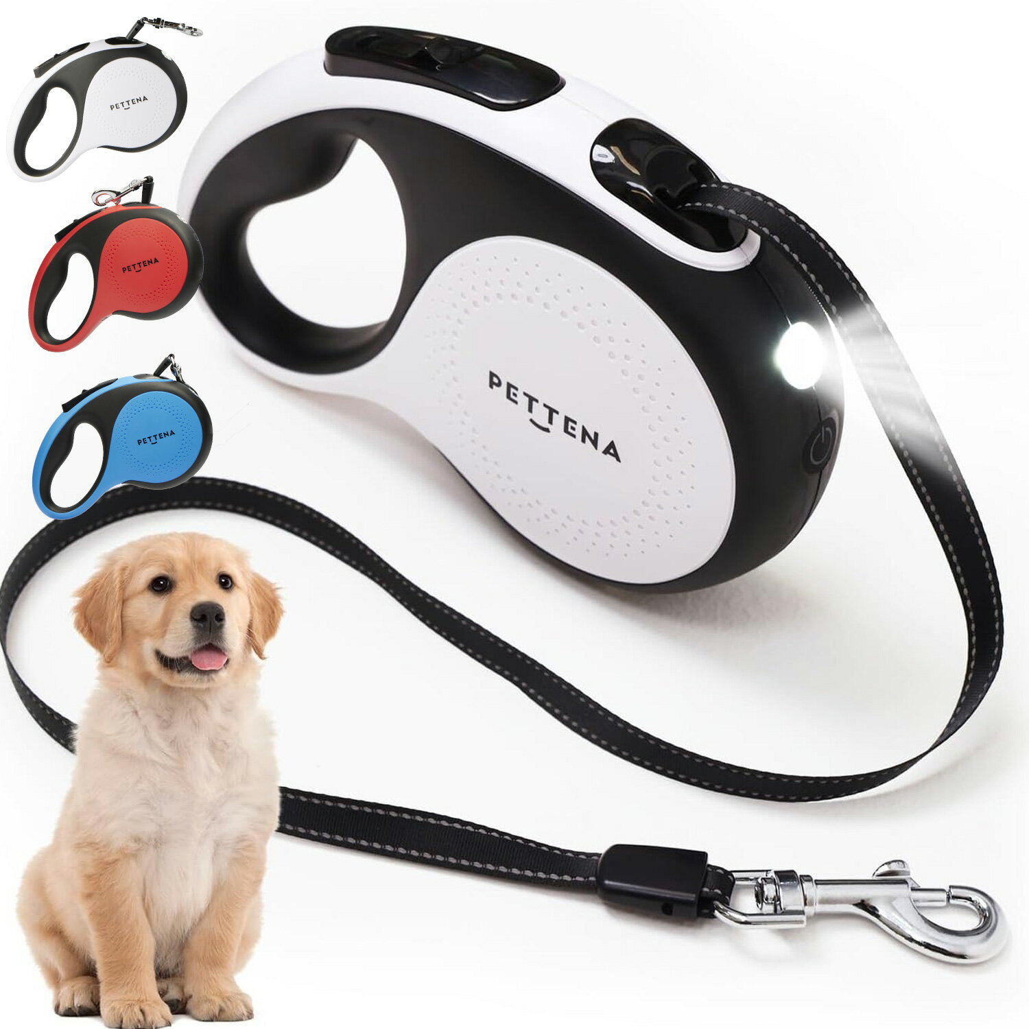 PETTENA 5m LED照明 伸縮リード ライト付 リード カジュアル 大小中型犬 犬のリード ペット 散歩 犬用 カジュアル 犬 大型犬 ストラップ ロングリード ドッグリード 自動巻き 散歩用ライト付 衝撃吸収 ワンタッチ格納