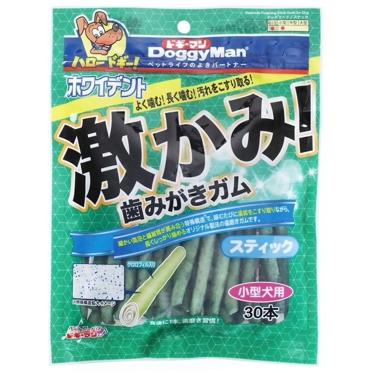 ■商品サイズ（cm）幅約20×奥行約2×高さ約26■内容量30本■幼犬には与えないで下さい。超小型・小型犬■原材料牛皮、クロロフィル■成分粗たん白質：70％以上、粗脂肪：0.5％以上、粗繊維：1％以下、粗灰分：5％以下、水分：20％以下■原産国ベトナム◆よく噛む、長く噛む、歯の汚れをこすり取る、牛皮ベースのガム。◆牛皮を使用した生地を重ねたガム層に歯がしっかり突き刺さり、歯の汚れをこすり取ります。◆細かい気泡とコラーゲン繊維が密度高く複雑に絡み合った生地を重ねてあり、しっかりとした噛みごたえがあり長くしっかり噛み続けられます。◆天然由来の葉緑素クロロフィルを配合。◆手で押さえたりもしやすいスティックタイプ。超小型犬、小型犬用の細め。※リニューアルがある場合、パッケージとサイトに掲載されている情報の一部が異なる場合がございます。[検索用：ホワイデント 犬 ガム デンタルケア 牛皮 コラーゲン 歯 スティック 小型犬 超小型犬 4976555820706] あす楽に関するご案内 あす楽対象商品の場合ご注文かご近くにあす楽マークが表示されます。 対象地域など詳細は注文かご近くの【配送方法と送料・あす楽利用条件を見る】をご確認ください。 あす楽可能な支払方法は【クレジットカード、代金引換、全額ポイント支払い】のみとなります。 下記の場合はあす楽対象外となります。 ご注文時備考欄にご記入がある場合、 郵便番号や住所に誤りがある場合、 時間指定がある場合、 決済処理にお時間を頂戴する場合、 15点以上ご購入いただいた場合、 あす楽対象外の商品とご一緒にご注文いただいた場合