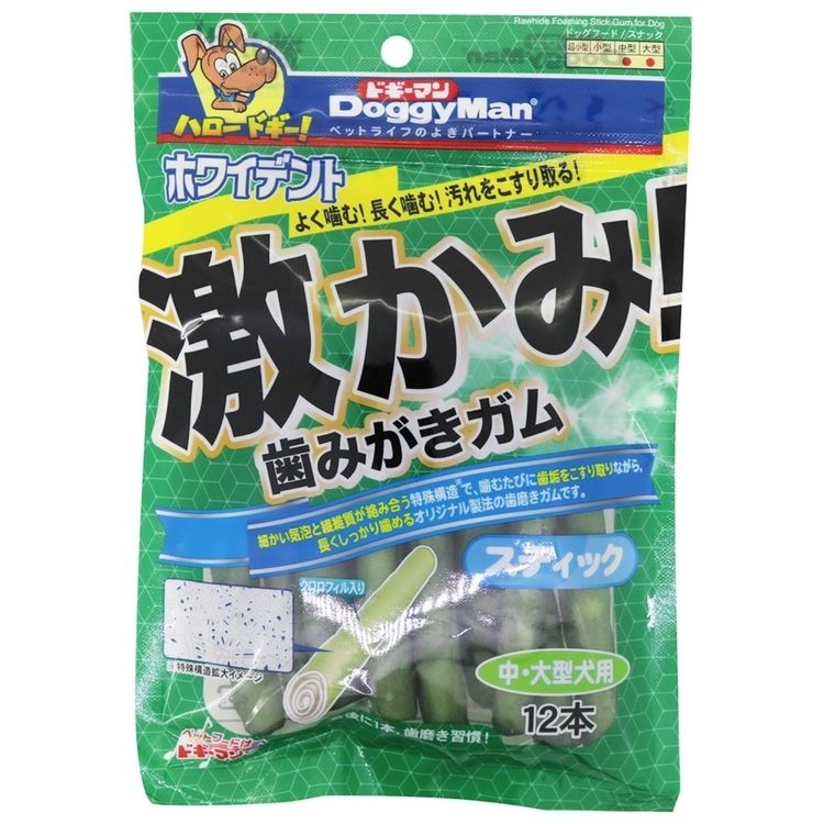 ■商品サイズ（cm）幅約18×奥行約2×高さ約26■内容量12本■幼犬には与えないで下さい。中・大型犬用■原材料牛皮、クロロフィル■成分粗たん白質：70％以上、粗脂肪：0.5％以上、粗繊維：1％以下、粗灰分：5％以下、水分：20％以下■原産国ベトナム◆よく噛む、長く噛む、歯の汚れをこすり取る、牛皮ベースのガム。◆牛皮を使用した生地を重ねたガム層に歯がしっかり突き刺さり、歯の汚れをこすり取ります。◆細かい気泡とコラーゲン繊維が密度高く複雑に絡み合った生地を重ねてあり、しっかりとした噛みごたえがあり長くしっかり噛み続けられます。◆天然由来の葉緑素クロロフィルを配合。◆手で押さえたりもしやすいスティックタイプ。中、大型犬用の太め。※リニューアルがある場合、パッケージとサイトに掲載されている情報の一部が異なる場合がございます。[検索用：ホワイデント 犬 ガム デンタルケア 牛皮 コラーゲン 歯 スティック 中型犬 大型犬 4976555820720] あす楽に関するご案内 あす楽対象商品の場合ご注文かご近くにあす楽マークが表示されます。 対象地域など詳細は注文かご近くの【配送方法と送料・あす楽利用条件を見る】をご確認ください。 あす楽可能な支払方法は【クレジットカード、代金引換、全額ポイント支払い】のみとなります。 下記の場合はあす楽対象外となります。 ご注文時備考欄にご記入がある場合、 郵便番号や住所に誤りがある場合、 時間指定がある場合、 決済処理にお時間を頂戴する場合、 15点以上ご購入いただいた場合、 あす楽対象外の商品とご一緒にご注文いただいた場合