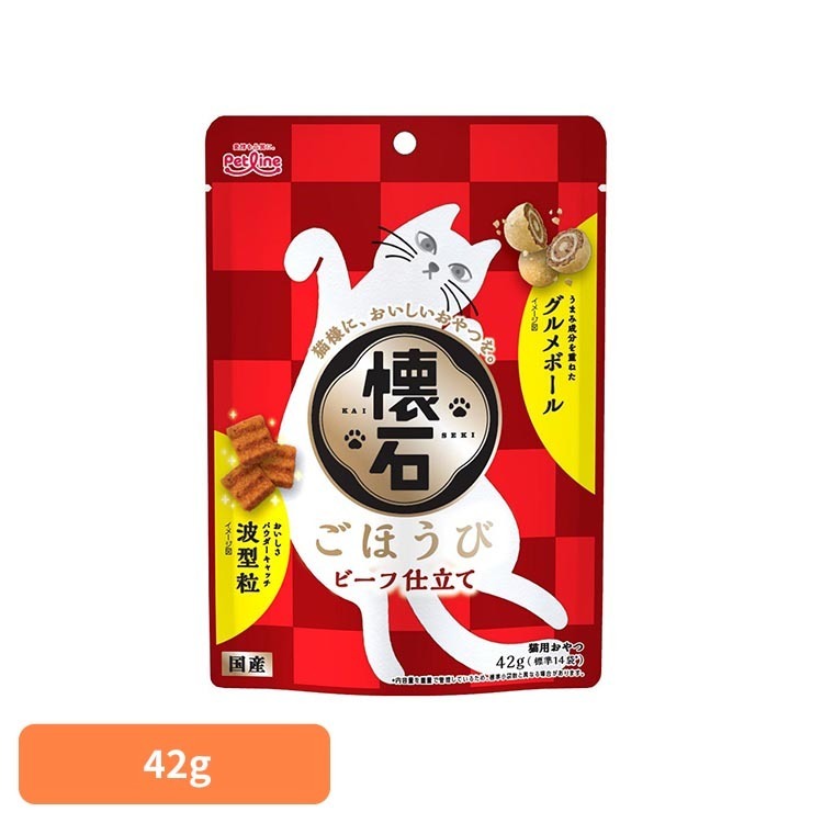 ■内容量42g■原材料穀類（とうもろこし、小麦粉、コーングルテンミール、玄米）、肉類（ミートミール、チキンミール、チキンレバーパウダー、ビーフパウダー、チキンエキスパウダー）、油脂類（動物性油脂、植物性油脂）、豆類（脱脂大豆）、寒梅粉（でん粉、もち米粉）、糖類（砂糖）、魚介類（フィッシュエキス、まぐろ節粉末、カニエキスパウダー）、セレン酵母、ビタミン類（A、D3、E、K3、B1、B2、パントテン酸、ナイアシン、B6、葉酸、ビオチン、B12、コリン、イノシトール）、ミネラル類（カルシウム、リン、ナトリウム、カリウム、塩素、鉄、コバルト、銅、マンガン、亜鉛、ヨウ素）、アミノ酸類（メチオニン、タウリン）、クチナシ色素、酸化防止剤（ローズマリー抽出物、ミックストコフェロール）、膨張剤■成分［たんぱく質］24.0％以上［脂質］7.5％以上［粗繊維］4.0％以下［灰分］9.0％以下［水分］10.0％以下［リン］0.7％標準値［ナトリウム］0.7％標準値［マグネシウム］0.1％標準値［エネルギー］約350kcal／100gうまみ広がるビーフ仕立て。猫様の大好きな風味に仕上げました。※リニューアルに伴い、パッケージ・内容等予告なく変更する場合がございます。予めご了承ください。[検索用：キャットフード おやつ 成猫用 おやつ ビーフ仕立て 健康維持 小分けパック ご褒美 4902418004686]最強翌日配送対象商品に関するご案内 最強翌日配送対象商品・対象地域に該当する場合は最強翌日配送マークがご注文カゴ近くに表示されます。 最強翌日配送可能なお支払方法は【クレジットカード、代金引換、全額ポイント支払い】のみとなります。 下記の場合は最強翌日配送対象外となります。 ・15点以上ご購入いただいた場合 ・時間指定がある場合 ・ご注文時備考欄にご記入がある場合 ・決済処理にお時間を頂戴する場合 ・郵便番号や住所に誤りがある場合 ・最強翌日配送対象外の商品とご一緒にご注文いただいた場合 ・お届け先住所文字数が40文字以上の場合【置き配規約について】