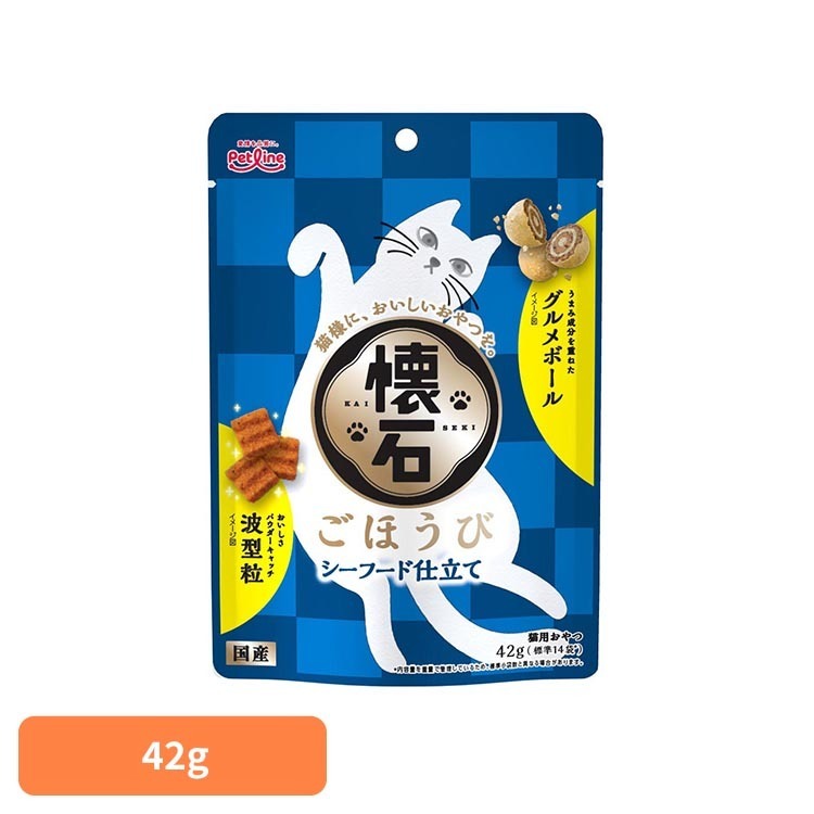 ■内容量42g■原材料穀類（とうもろこし、小麦粉、コーングルテンミール、玄米）、肉類（ミートミール、チキンミール、チキンレバーパウダー、チキンエキスパウダー）、油脂類（動物性油脂、植物性油脂）、豆類（脱脂大豆）、寒梅粉（でん粉、もち米粉）、糖類（砂糖）、魚介類（フィッシュエキス、まぐろ節粉末、カニエキスパウダー）、セレン酵母、ビタミン類（A、D3、E、K3、B1、B2、パントテン酸、ナイアシン、B6、葉酸、ビオチン、B12、コリン、イノシトール）、ミネラル類（カルシウム、リン、ナトリウム、カリウム、塩素、鉄、コバルト、銅、マンガン、亜鉛、ヨウ素）、アミノ酸類（メチオニン、タウリン）、クチナシ色素、酸化防止剤（ローズマリー抽出物、ミックストコフェロール）、膨張剤■成分［たんぱく質］24.0％以上［脂質］7.5％以上［粗繊維］4.0％以下［灰分］9.0％以下［水分］10.0％以下［リン］0.7％標準値［ナトリウム］0.7％標準値［マグネシウム］0.1％標準値［エネルギー］約350kcal／100g海のおいしさ香るシーフード仕立て。猫様の大好きな風味に仕上げました。※リニューアルに伴い、パッケージ・内容等予告なく変更する場合がございます。予めご了承ください。[検索用：キャットフード おやつ 成猫用 おやつ シーフード仕立て 健康維持 小分けパック ご褒美 4902418004693]最強翌日配送対象商品に関するご案内 最強翌日配送対象商品・対象地域に該当する場合は最強翌日配送マークがご注文カゴ近くに表示されます。 最強翌日配送可能なお支払方法は【クレジットカード、代金引換、全額ポイント支払い】のみとなります。 下記の場合は最強翌日配送対象外となります。 ・15点以上ご購入いただいた場合 ・時間指定がある場合 ・ご注文時備考欄にご記入がある場合 ・決済処理にお時間を頂戴する場合 ・郵便番号や住所に誤りがある場合 ・最強翌日配送対象外の商品とご一緒にご注文いただいた場合 ・お届け先住所文字数が40文字以上の場合【置き配規約について】