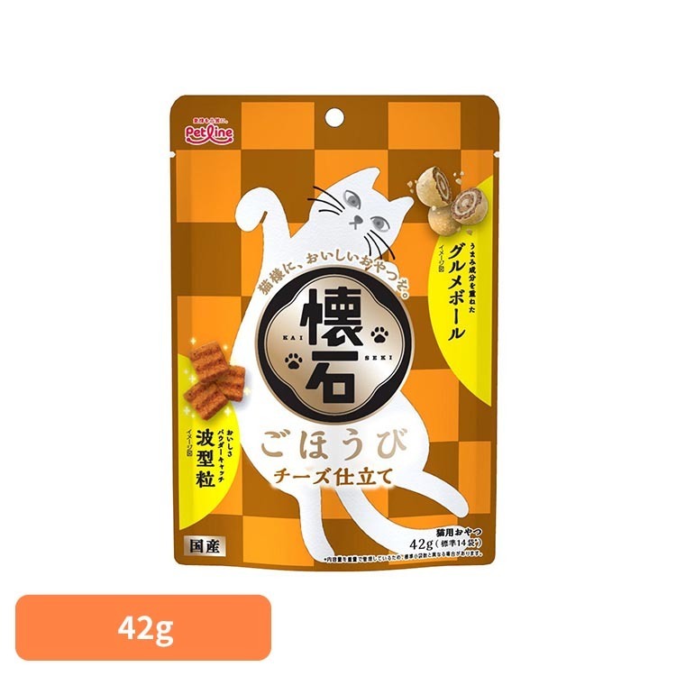 ■内容量3g×14袋■原材料穀類（とうもろこし、小麦粉、コーングルテンミール、玄米）、肉類（ミートミール、チキンミール、チキンレバーパウダー、チキンエキスパウダー）、油脂類（動物性油脂、植物性油脂）、豆類（脱脂大豆）、寒梅粉（でん粉、もち米粉）、糖類（砂糖）、魚介類（フィッシュエキス、まぐろ節粉末、カニエキスパウダー）、乳類（チーズパウダー）、セレン酵母、ビタミン類（A、D3、E、K3、B1、B2、パントテン酸、ナイアシン、B6、葉酸、ビオチン、B12、コリン、イノシトール）、ミネラル類（カルシウム、リン、ナトリウム、カリウム、塩素、鉄、コバルト、銅、マンガン、亜鉛、ヨウ素）、アミノ酸類（メチオニン、タウリン）、クチナシ色素、酸化防止剤（ローズマリー抽出物、ミックストコフェロール）、膨張剤■成分［たんぱく質］24.0％以上［脂質］7.5％以上［粗繊維］4.0％以下［灰分］9.0％以下［水分］10.0％以下［リン］0.7％標準値［ナトリウム］0.7％標準値［マグネシウム］0.1％標準値［エネルギー］約350kcal／100g芳醇な香りのチーズ仕立て。猫様の大好きな風味に仕上げました。※リニューアルに伴い、パッケージ・内容等予告なく変更する場合がございます。予めご了承ください。[検索用：キャットフード おやつ 成猫用 おやつ チーズ仕立て 健康維持 小分けパック ご褒美 4902418004716]最強翌日配送対象商品に関するご案内 最強翌日配送対象商品・対象地域に該当する場合は最強翌日配送マークがご注文カゴ近くに表示されます。 最強翌日配送可能なお支払方法は【クレジットカード、代金引換、全額ポイント支払い】のみとなります。 下記の場合は最強翌日配送対象外となります。 ・15点以上ご購入いただいた場合 ・時間指定がある場合 ・ご注文時備考欄にご記入がある場合 ・決済処理にお時間を頂戴する場合 ・郵便番号や住所に誤りがある場合 ・最強翌日配送対象外の商品とご一緒にご注文いただいた場合 ・お届け先住所文字数が40文字以上の場合【置き配規約について】