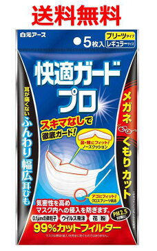 【送料無料】快適ガードプロ プリーツタイプマスク レギュラーサイズ5枚入 白元アース