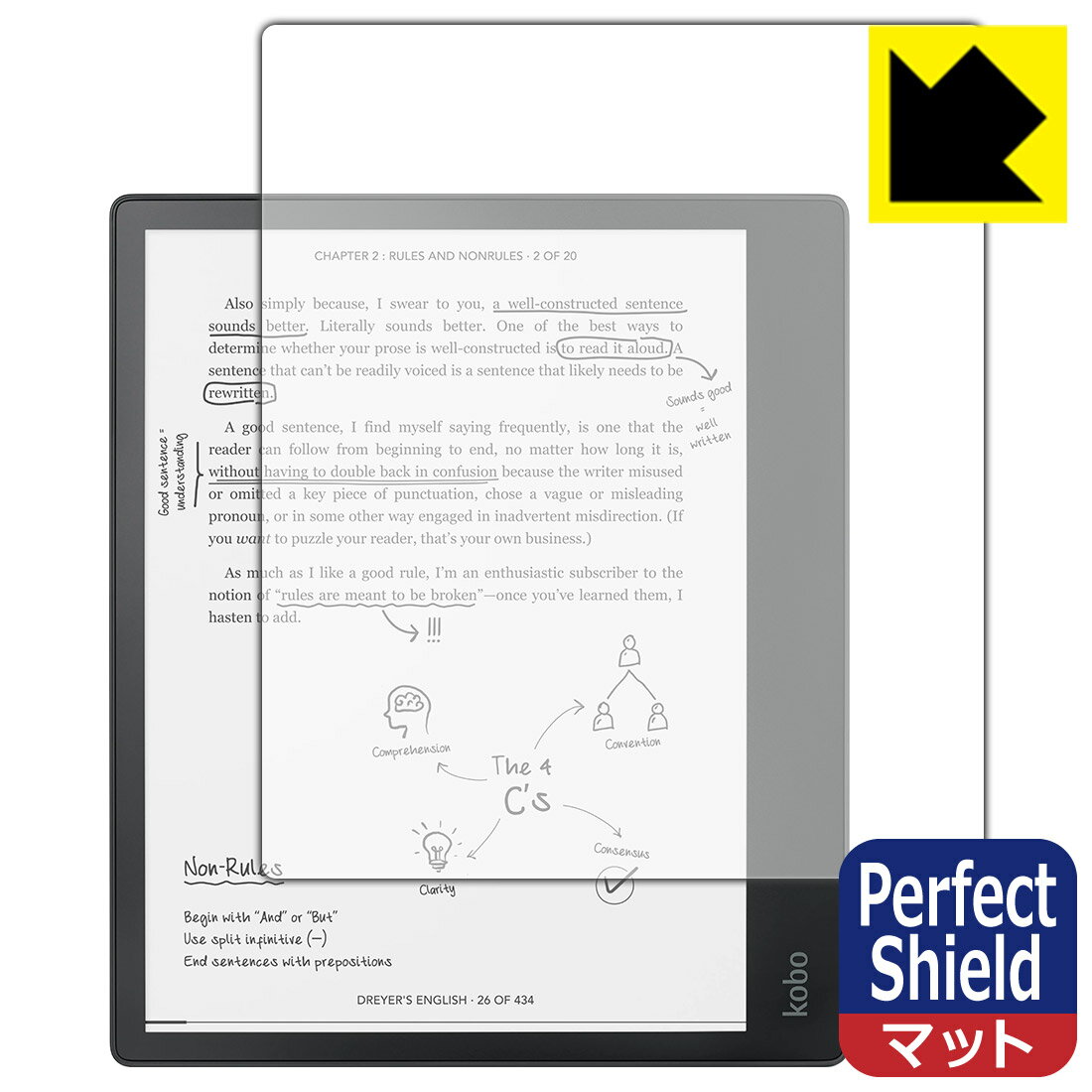 ●対応機種 : Kobo Elipsa●内容量 : 3枚●「Perfect Shield」は画面の反射を抑え、指のすべりもなめらかな指紋や皮脂汚れがつきにくい『アンチグレアタイプ(非光沢)の保護フィルム』●安心の国産素材を使用。日本国内の自社工場で製造し出荷しています。【ポスト投函送料無料】商品は【ポスト投函発送 (追跡可能メール便)】で発送します。お急ぎ、配達日時を指定されたい方は以下のクーポンを同時購入ください。【お急ぎ便クーポン】　プラス110円(税込)で速達扱いでの発送。お届けはポストへの投函となります。【配達日時指定クーポン】　プラス550円(税込)で配達日時を指定し、宅配便で発送させていただきます。【お急ぎ便クーポン】はこちらをクリック【配達日時指定クーポン】はこちらをクリック 　 表面に微細な凹凸を作ることにより、外光を乱反射させギラツキを抑える「アンチグレア加工」がされております。 屋外での太陽光の映り込み、屋内でも蛍光灯などの映り込みが気になるシーンが多い方におすすめです。 また、指紋がついた場合でも目立ちにくいという特長があります。 指滑りはさらさらな使用感でストレスのない操作・入力が可能です。 ハードコート加工がされており、キズや擦れに強くなっています。簡単にキズがつかず長くご利用いただけます。 反射防止のアンチグレア加工で指紋が目立ちにくい上、表面は防汚コーティングがされており、皮脂や汚れがつきにくく、また、落ちやすくなっています。 接着面は気泡の入りにくい特殊な自己吸着タイプです。素材に柔軟性があり、貼り付け作業も簡単にできます。また、はがすときにガラス製フィルムのように割れてしまうことはありません。 貼り直しが何度でもできるので、正しい位置へ貼り付けられるまでやり直すことができます。 最高級グレードの国産素材を日本国内の弊社工場で加工している完全な Made in Japan です。安心の品質をお届けします。 使用上の注意 ●本製品は機器の画面をキズなどから保護するフィルムです。他の目的にはご使用にならないでください。 ●本製品は液晶保護および機器本体を完全に保護することを保証するものではありません。機器の破損、損傷、故障、その他損害につきましては一切の責任を負いかねます。 ●製品の性質上、画面操作の反応が変化したり、表示等が変化して見える場合がございます。 ●貼り付け作業時の失敗(位置ズレ、汚れ、ゆがみ、折れ、気泡など)および取り外し作業時の破損、損傷などについては、一切の責任を負いかねます。 ●水に濡れた状態でのご使用は吸着力の低下などにより、保護フィルムがはがれてしまう場合がございます。防水対応の機器でご使用の場合はご注意ください。 ●アルコール類やその他薬剤を本製品に付着させないでください。表面のコーティングや吸着面が変質するおそれがあります。 ●品質向上のため、仕様などを予告なく変更する場合がございますので、予めご了承ください。