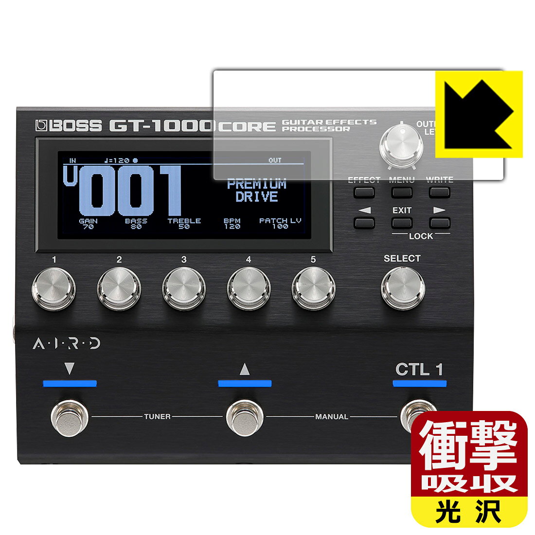 ●対応機種 : BOSS GT-1000CORE Guitar Effects Processor専用の商品です。●製品内容 : ディスプレイ用フィルム1枚・クリーニングワイプ1個●特殊素材の衝撃吸収層が外部からの衝撃を吸収し、機器へのダメージをやわらげます。●安心の国産素材を使用。日本国内の自社工場で製造し出荷しています。 ★貼り付け失敗交換サービス対象商品★【ポスト投函送料無料】商品は【ポスト投函発送 (追跡可能メール便)】で発送します。お急ぎ、配達日時を指定されたい方は以下のクーポンを同時購入ください。【お急ぎ便クーポン】　プラス110円(税込)で速達扱いでの発送。お届けはポストへの投函となります。【配達日時指定クーポン】　プラス550円(税込)で配達日時を指定し、宅配便で発送させていただきます。【お急ぎ便クーポン】はこちらをクリック【配達日時指定クーポン】はこちらをクリック 　 特殊素材の衝撃吸収層がたわむことで衝撃を吸収し、液晶画面や機器へのダメージをやわらげます。ガラスフィルムは割れることがあるため、破損部分でケガをすることがありますが、このフィルムはPET素材ですので、絶対に割れず、安全にお使いいただけます。もちろん割れたカケラが落ちることもありませんので、異物混入などのトラブルも未然に防ぎます。 貼っていることを意識させないほどの高い透明度に、高級感あふれる光沢・クリアな仕上げとなります。 動画視聴や画像編集など、機器本来の発色を重視したい方におすすめです。 表面はフッ素コーティングがされており、皮脂や汚れがつきにくく、また、落ちやすくなっています。指滑りもなめらかで、快適な使用感です。 油性マジックのインクもはじきますので簡単に拭き取れます。 抗菌加工によりフィルム表面の菌の繁殖を抑えることができます。 清潔な画面を保ちたい方におすすめです。 ※抗菌率99.9％ / JIS Z2801 抗菌性試験方法による評価 接着面は気泡の入りにくい特殊な自己吸着タイプです。素材に柔軟性があり、貼り付け作業も簡単にできます。また、はがすときにガラス製フィルムのように割れてしまうことはありません。 貼り直しが何度でもできるので、正しい位置へ貼り付けられるまでやり直すことができます。 高級グレードの国産素材を日本国内の弊社工場で加工している完全な Made in Japan です。安心の品質をお届けします。 使用上の注意 ●本製品は機器の画面をキズなどから保護するフィルムです。他の目的にはご使用にならないでください。 ●本製品は液晶保護および機器本体を完全に保護することを保証するものではありません。機器の破損、損傷、故障、その他損害につきましては一切の責任を負いかねます。 ●製品の性質上、画面操作の反応が変化したり、表示等が変化して見える場合がございます。 ●貼り付け作業時の失敗(位置ズレ、汚れ、ゆがみ、折れ、気泡など)および取り外し作業時の破損、損傷などについては、一切の責任を負いかねます。 ●水に濡れた状態でのご使用は吸着力の低下などにより、保護フィルムがはがれてしまう場合がございます。防水対応の機器でご使用の場合はご注意ください。 ●アルコール類やその他薬剤を本製品に付着させないでください。表面のコーティングや吸着面が変質するおそれがあります。 ●品質向上のため、仕様などを予告なく変更する場合がございますので、予めご了承ください。 ・注意事項：モニターの発色具合により色合いが異なる場合がございます。