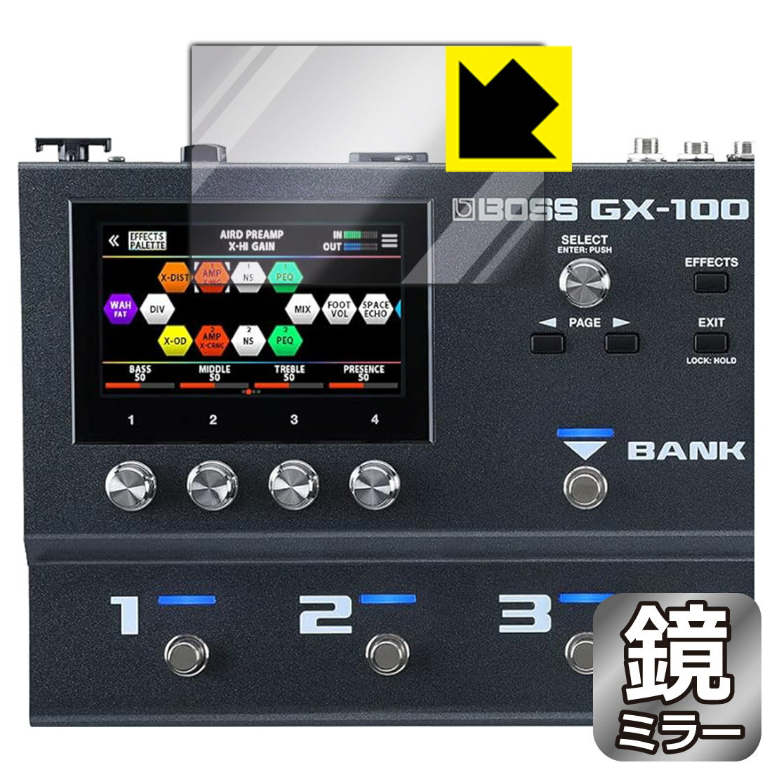 対応機種●対応機種 : BOSS GX-100 Guitar Effects Processor専用の商品です。●製品内容 : ディスプレイ用フィルム1枚・クリーニングワイプ1個●※この機器は周辺部が角ばっているため、保護フィルムを端まで貼ることができません。(表示部分はカバーしています)●画面が消えると鏡になり、さりげなく身だしなみチェック！のぞき見防止にも！『ミラータイプの保護フィルム』●安心の国産素材を使用。日本国内の自社工場で製造し出荷しています。 ★貼り付け失敗交換サービス対象商品★ 国内自社工場製造・発送だからできる 安心の製品保証とサポート ■製品保証 お届けした製品が誤っていたり、不具合があった場合などには、お届けから1ヶ月以内にメールにてお問い合わせください。交換等対応させていただきます。[キャンセル・返品（返金・交換）について] ■■貼り付け失敗時の交換サービス■■貼り付けに失敗しても1回だけ無償交換ができます。(失敗したフィルムをお送りいただき、新品に無償交換します。往復の送料のみお客様にご負担をお願いいたします。詳しくは製品に同封の紙をご確認ください) ■■保護フィルム貼り付け代行サービス■■保護フィルムの貼り付け作業に自信がない方には、PDA工房で貼り付け作業を代行いたします。(PDA工房の保護フィルムのみが対象です。詳しくは製品に同封の紙をご確認ください) Mirror Shield 保護フィルム 素材説明 ■画面が鏡になる！画面が消えると鏡に早変わり！さりげない身だしなみのチェックなどに活用できます。透明フィルムより映り込みがありますので、その分、のぞき見防止の効果もあります。※構造（ハーフミラー）の都合上、貼り付ける面が暗い色の場合にだけ鏡のように見えます。そのため、白色など明るい色の機器に貼り付けたときには、明るい色の部分が鏡に見えません。この製品は黒い色の機器でのご利用をおすすめします。※仕様上、一般的な保護シートより光線透過率が下がります(約50%)。ご了承ください。■防指紋のハードコート！ハードコート加工がされており、キズや擦れに強くなっています。簡単にキズがつかず長くご利用いただけます。指紋や汚れのつきにくい防汚コーティングがされています。■気泡の入りにくい特殊な自己吸着タイプ接着面は気泡の入りにくい特殊な自己吸着タイプです。素材に柔軟性があり、貼り付け作業も簡単にできます。また、はがすときにガラス製フィルムのように割れてしまうことはありません。貼り直しが何度でもできるので、正しい位置へ貼り付けられるまでやり直すことができます。■安心の日本製最高級グレードの国産素材を日本国内の弊社工場で加工している完全な Made in Japan です。安心の品質をお届けします。 【ポスト投函送料無料】商品は【ポスト投函発送 (追跡可能メール便)】で発送します。お急ぎ、配達日時を指定されたい方は以下のクーポンを同時購入ください。【お急ぎ便クーポン】　プラス110円(税込)で速達扱いでの発送。お届けはポストへの投函となります。【配達日時指定クーポン】　プラス550円(税込)で配達日時を指定し、宅配便で発送させていただきます。【お急ぎ便クーポン】はこちらをクリック【配達日時指定クーポン】はこちらをクリック