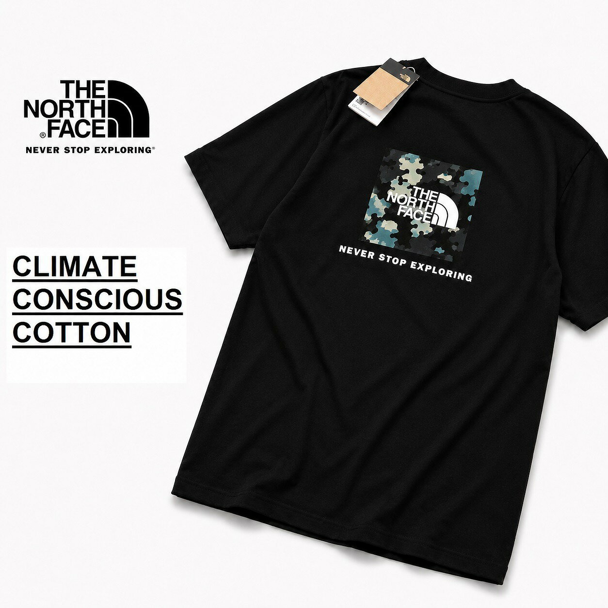 THE NORTH FACE ザ ノースフェイス BOXロゴ Tシャツ メンズ TNF BLACK 黒色 迷彩 カモフラージュ サステナブルコットン使用