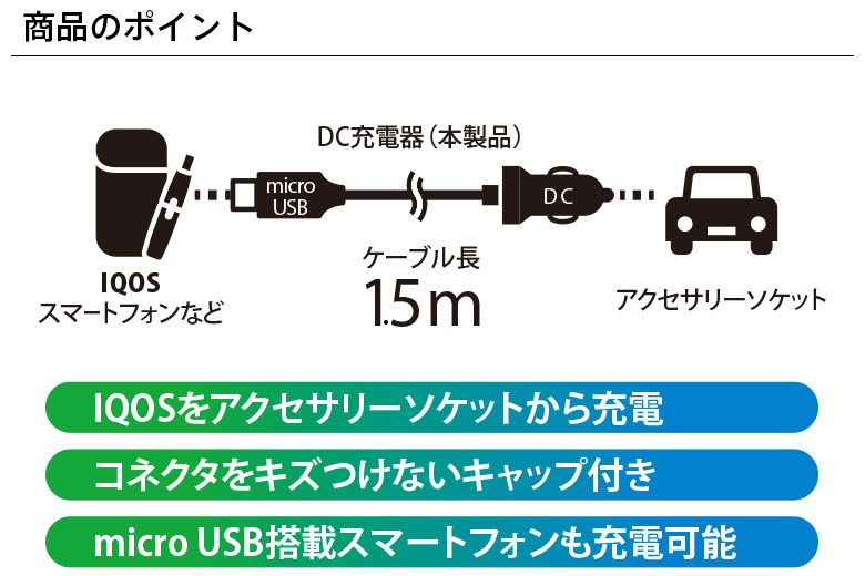 アウトレット IQOS用 micro USB コネクタ搭載 車載用DC充電器 出力 2.0A カールケーブル長1.5m【コネクタ搭載　車載用　充電器　アイコス　便利 iCharger】