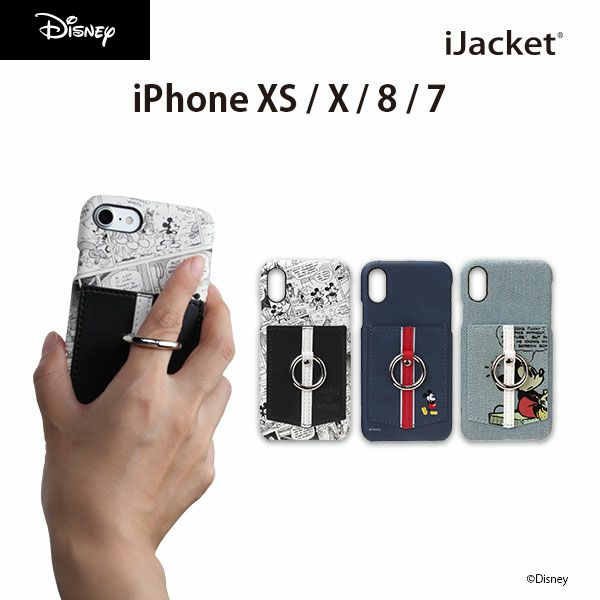 アウトレット iPhone X XS / 8 7 ケース カバー ミッキーマウス ネイビー 紺 ブルー デニム ホワイト 白黒 ディズニー キャラクター アイフォン テン テンエス エイト セブン カードポケット スマホリング Disney